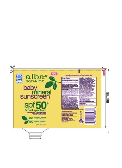 AL0043700 Alba Botanica Baby Mineral Sunscreen SPF50+ tube label.jpg tube label - AL0043700 Alba Botanica Baby Mineral Sunscreen SPF50+ tube label